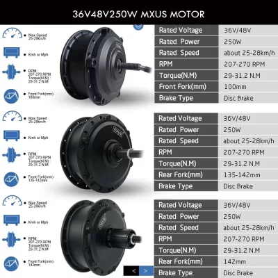 36V/48V 250W Mxus Elektrikli Bisiklet Arka Hub Motor